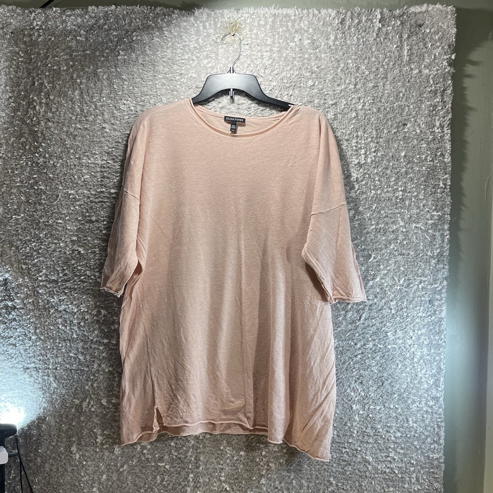 Eileen Fisher Women Pink Short Sleeve‎ Tunic Top Size L Organic Linen, Cotton